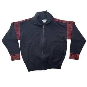 Bleyle Vintage Mens Black Cotton Full Zip Sweater Greek Key Red Trim Size L